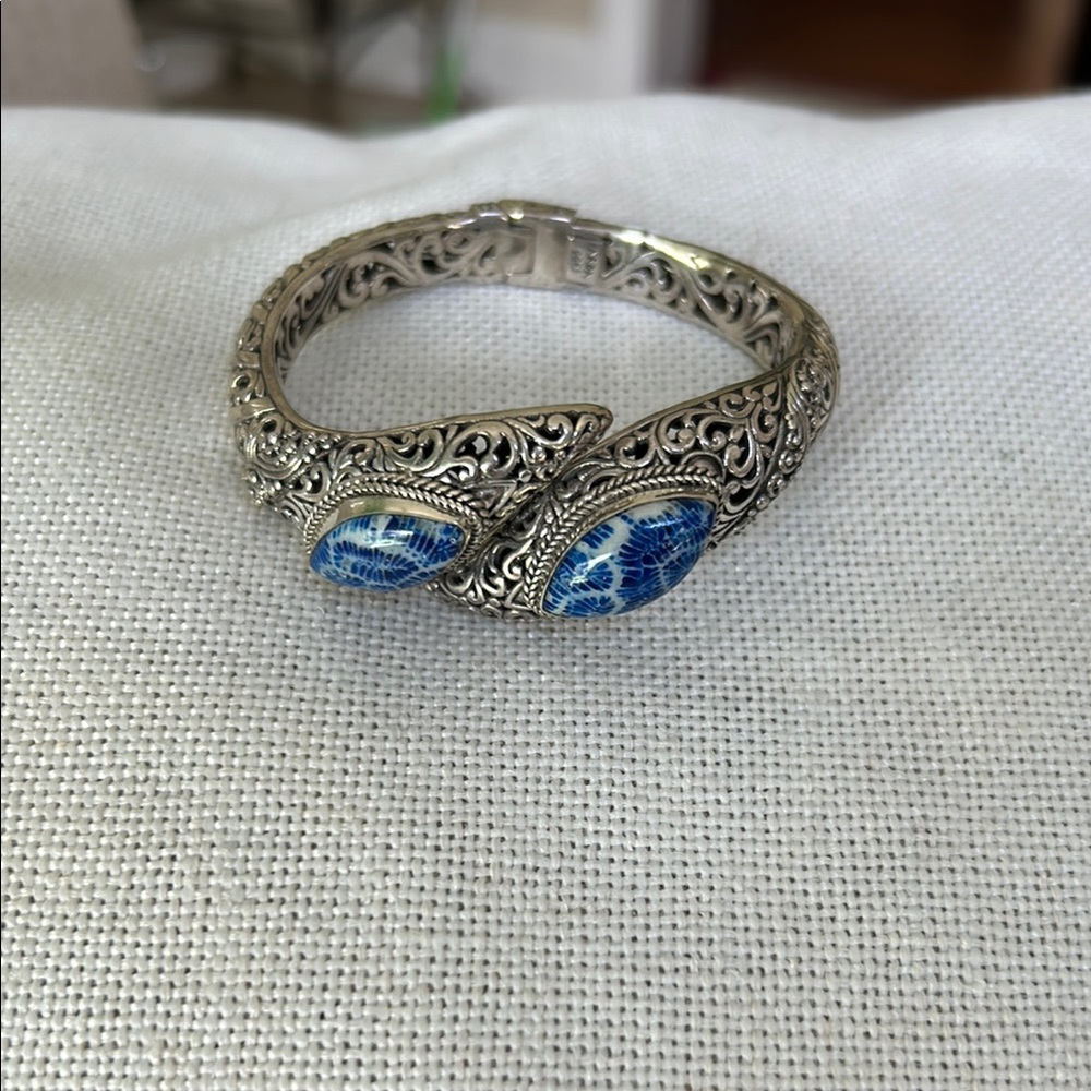 Elegant Silver and Blue Fossilized Coral Women's Bracelet